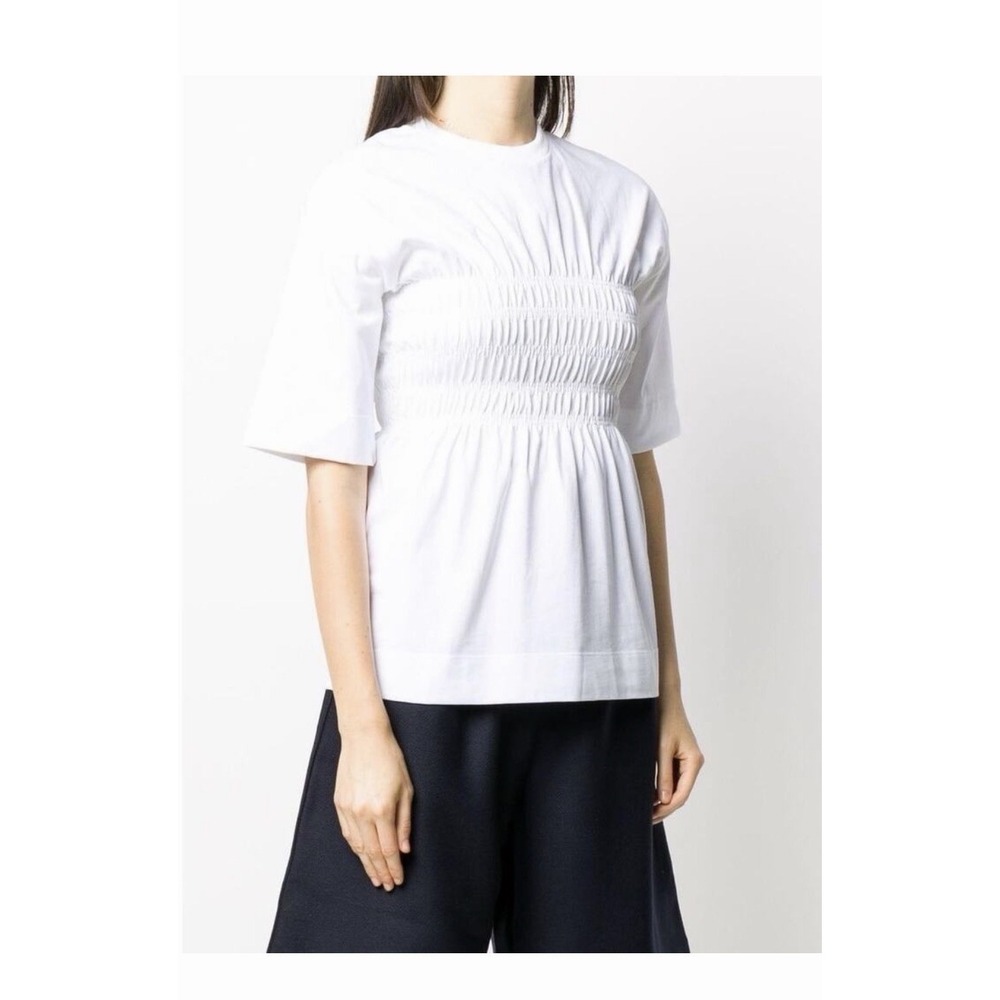 GANNI Top Shirt Women's Small Shirred Blouse Organic Cotton Jersey White #KL6-1